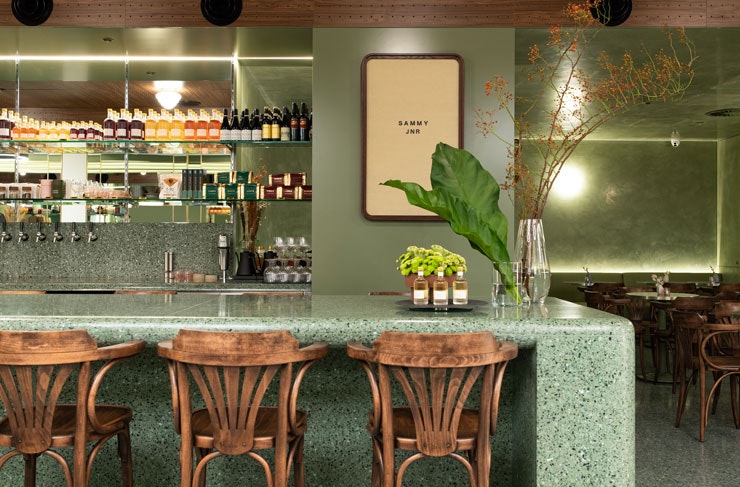 The green terrazzo bar at Sammy Junior.